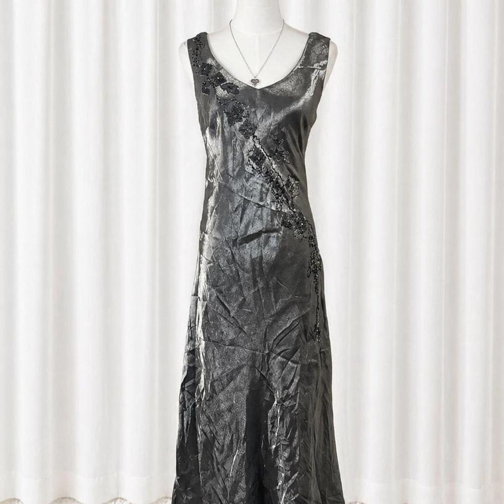 Y2K vintage sage green metallic maxi dress